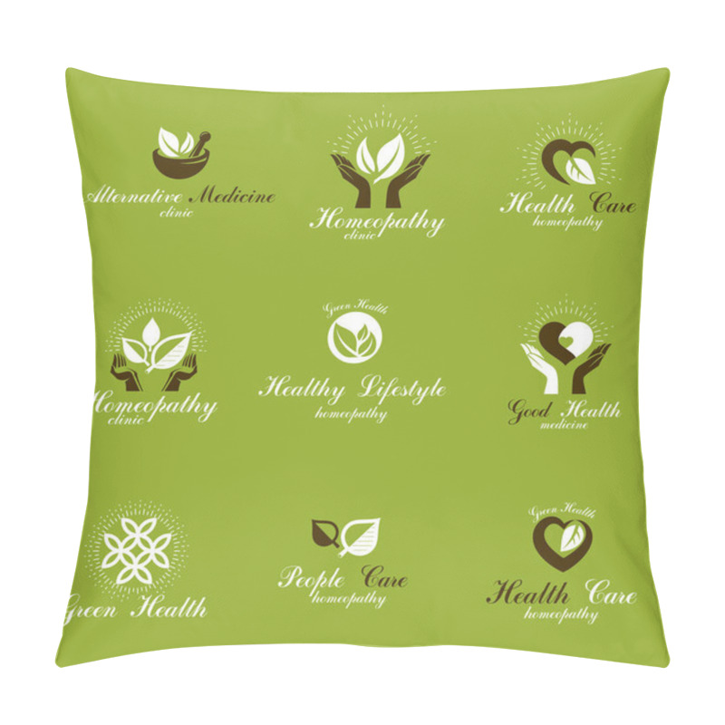 Personality  Homeopathy Creative Symbols Collection. Restoring To Health Conceptual Vector Emblems Created Using Green Leaves, Heart Shapes, Religious Crosses And Caring Hands. Pillow Covers
