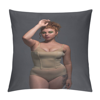 Personality  Young Plus Size Model With Curvy Body In Beige Underwear Standing With Hand Near Head On Dark Grey Pillow Covers