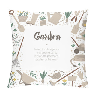 Personality  Vector Square Frame With Garden Tools, Flowers, Herbs, Plants. G Pillow Covers