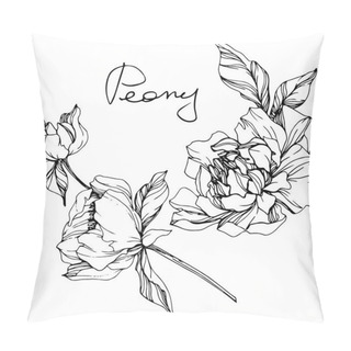 Personality  Vector Isolated Monochrome Peony Flower Sketch And Handwritten Lettering On White Background. Engraved Ink Art.  Pillow Covers