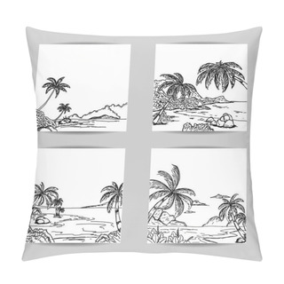 Personality  Beach Scene Illustration Sketch Template, With Hand Drawn Style And Black Outline Pillow Covers