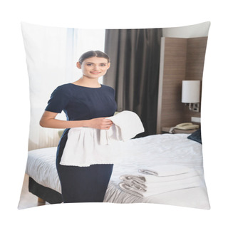 Personality  Joyful Chambermaid In Apron Holding Clean Towel In Hotel Room  Pillow Covers
