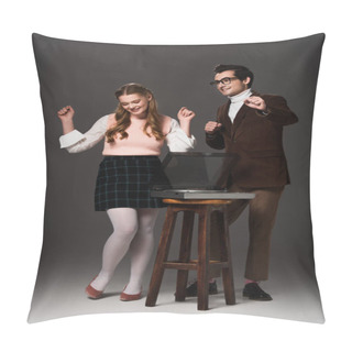 Personality  Cheerful, Old Fashioned Couple Dancing Near Record Player On Dark Grey Background Pillow Covers