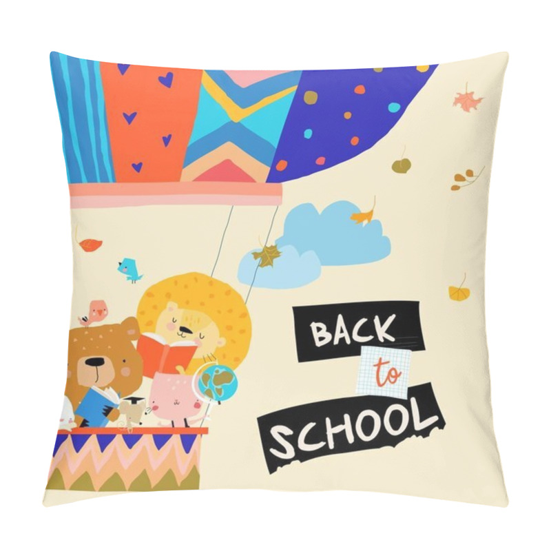 Personality  Happy Cartoon Animals flying to the School by Air Balloon pillow covers