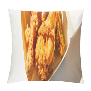 Personality  Close Up View Of Tasty Deep Fried Chicken With Chili Pepper On White Table In Sunlight, Panoramic Crop Pillow Covers