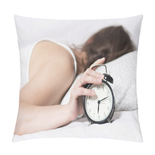 Personality  Girl Is Sleeping On Bed In Bedroom And Turns Off Alarm Clock. Woman Does Not Want To Wake Up In Early Morning. Girl Turned Away From Alarm Clock. Early Rise To Work. Female Sleep. Pillow Covers