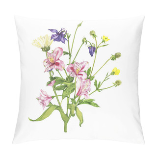 Personality  Summer Flowers Bouquet Isolated On White Background. Hand Drawn Watercolor Illustration.  Pillow Covers