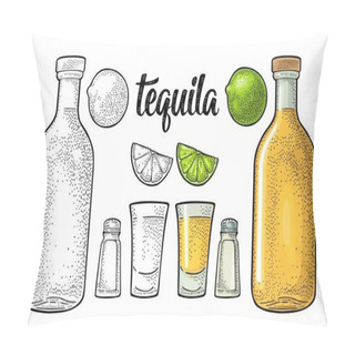 Personality  Glass And Botlle Of Tequila. Cactus, Salt, Lime Pillow Covers