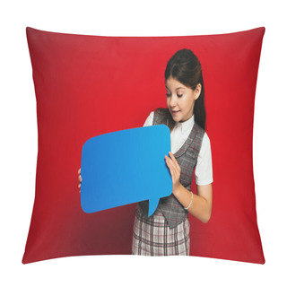 Personality  Smiling Preteen Girl In Plaid Skirt Looking At Blue Speech Bubble Isolated On Red Pillow Covers