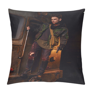Personality  Man In Worn Outfit Standing With Gun On Rusty Subway Carriage, Post-apocalyptic Life, Full Length Pillow Covers