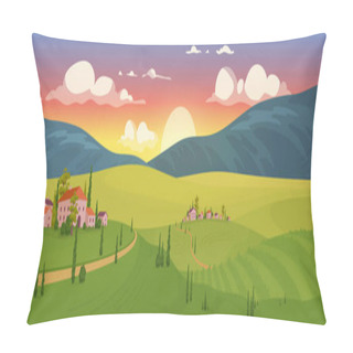 Personality  Summer Sunrise In Village Flat Color Vector Illustration. Tuscan Scenery 2D Cartoon Landscape With Mountains On Background. Sunset In Small French Town. Vineyard At Dawn Pillow Covers