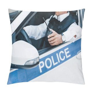 Personality  Partial View Of Male Police Officer In Bulletproof Vest Holding Walkie-talkie In Car  Pillow Covers