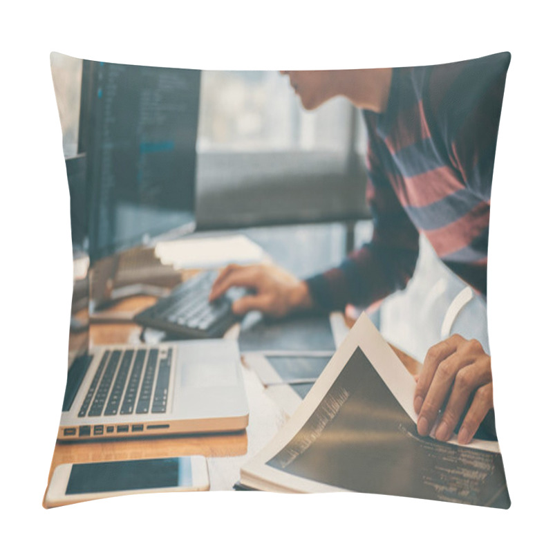 Personality  Professional Development Programmer Working In Programming Website A Software And Coding Technology, Writing Codes And Data Code, Programming With HTML, PHP And Javascript. Pillow Covers