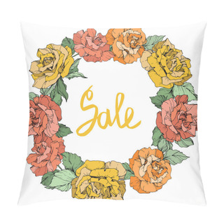 Personality  Vector. Rose Flowers Floral Wreath. Coral, Yellow And Orange Roses Engraved Ink Art. Sale Handwritten Monogram Calligraphy. Pillow Covers