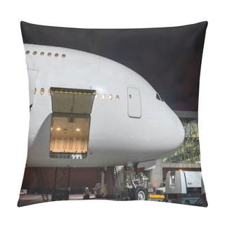 Personality  Nose And Cockpit Airplane With Open Luggage Compartment At Passenger Gangway Of The Terminal Building At The Airport At Night, Aircraft Flight Maintenance Pillow Covers