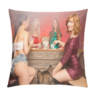 Personality  Beautiful Girls With Dogs At A Bachelorette Party In A Red Smoky Bar Drinking Alcohol And Having Fun With White Flour Pillow Covers