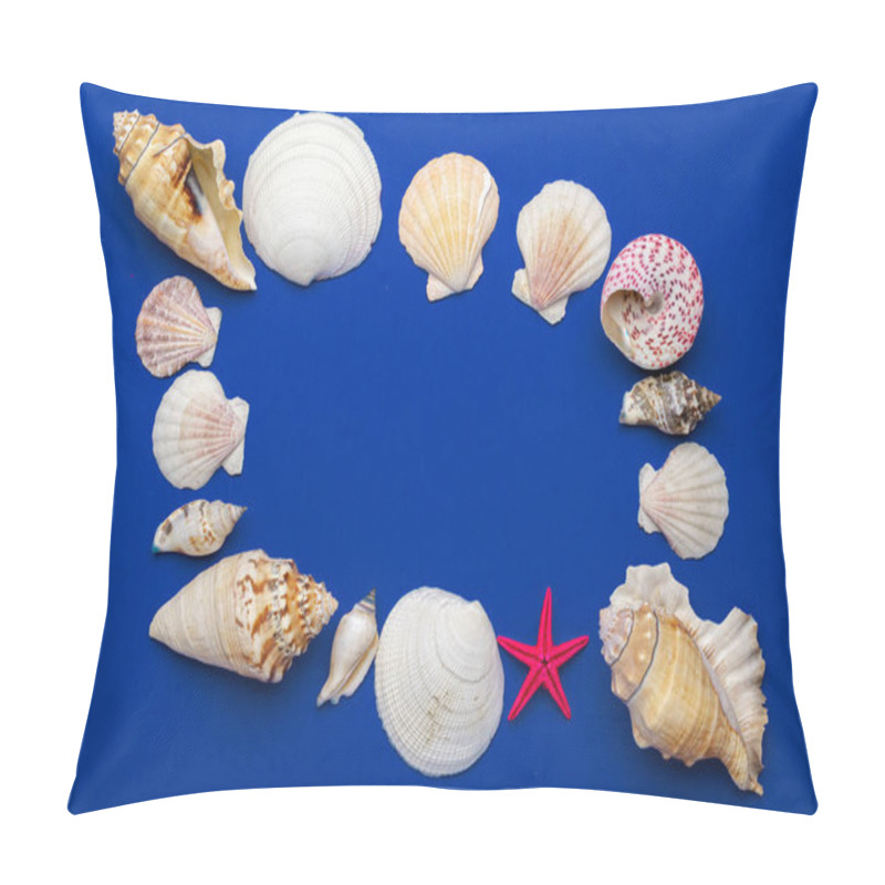 Personality  Hello Summer pattern background. Frame of White seashells, red starfish isolated on blue backdrop. Top view travel or vacation concept. Flat lay pillow covers
