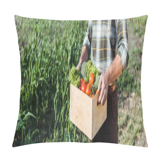 Personality  Panoramic Shot Of Senior Farmer Holding Wooden Box With Vegetables Near Corn Field Pillow Covers