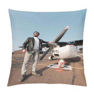 Personality  Full Length Of Bearded Pilot In Leather Jacket And Sunglasses Standing Near Aircraft  Pillow Covers