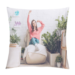 Personality  Smiling Girl Stretching While Sitting On Soft Chaise Lounge Near Pouf And Lush Green Plants Pillow Covers