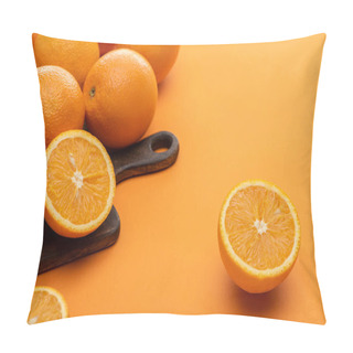 Personality  Ripe Delicious Cut And Whole Oranges On Wooden Cutting Board On Colorful Background Pillow Covers