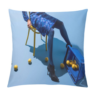 Personality  Cropped View Of African American Woman Sitting On Chair On Blue Background  Pillow Covers