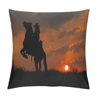 Personality  Silhouette One Cowboy Is Rearing Horse In Front Of Sunset On Slope Near Tree. Beautiful Sky With Natural Light As Background. Pillow Covers