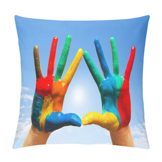 Personality  Painted Hands, Colorful Fun. Blue Sky Pillow Covers