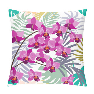 Personality  Green Tropical Background With Blooming Yellow And Purple Orchids, Ferns And Palm Leaves.  Pillow Covers