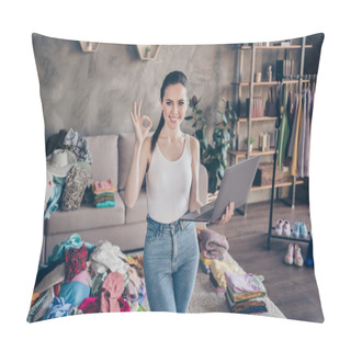 Personality  Portrait Of Positive Cheerful Girl Use Laptop Approve Excellent Online Purchase Buying Show Okay Sign Wear Denim Jeans Stand In House Indoors Pillow Covers