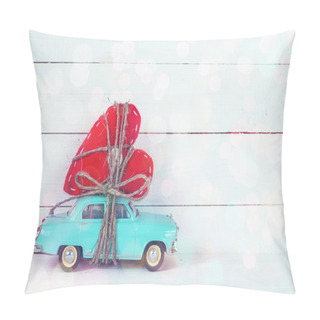 Personality  Background With Miniature Blue Toy Car Carrying A Heart On White Pillow Covers