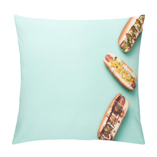 Personality  Top View Of Three Hot Dogs On Blue Pillow Covers