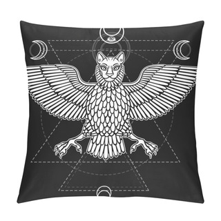 Personality  The Mythical Animal, Anzud With A Body Of A Bird And The Head Of A Lion. Character Of Sumerian Mythology. Sacred Geometry. Monochrome Drawing, Vector Illustration. Print, Posters, T-shirt, Textiles. Pillow Covers