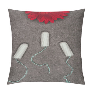 Personality  Top View Of Arranged Menstrual Tampons And Red Flower On Grey Surface Pillow Covers