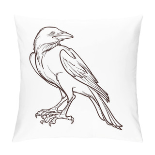 Personality  Black Raven Sitting. Accurate Line Drawing. Isolated On White Background. Halloween Design Element. Pillow Covers