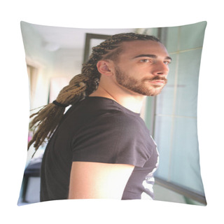 Personality  Attractive, Young Blonde Bearded Male Model With Combination Of Braids And Dreadlocks Posing On The Balcony. Style, Trends, Fashion Concept Pillow Covers