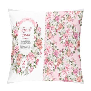 Personality  Cover Of Wedding Invitation And Seamless Pattern. White And Pink Roses, Peonies And White Lilies On Light Background. Pillow Covers