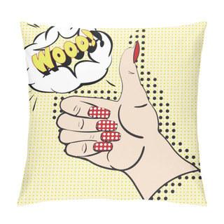 Personality  Hand With Raised Index Finger On The Yellow Background With Speech Bubbles For Text. Female Hand Made In Pop Art Style, Comics, Sketch. Attention And Information With Index Finger Pillow Covers