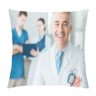 Personality  Confident Doctor At Hospital Posing Pillow Covers