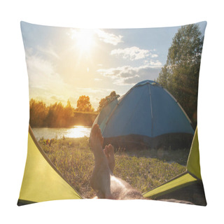 Personality  Male Legs In Tourist Tent With View Of Riverbank In Forest At Sunny Summer Day Pillow Covers