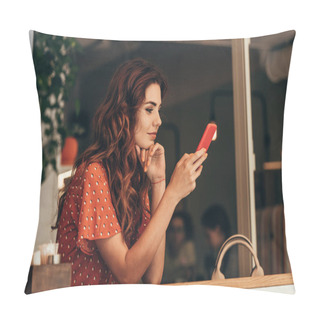 Personality  Side View Of Young Woman Using Smartphone In Cafe Pillow Covers