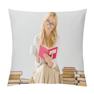 Personality  Close Up Of Woman Drinking Coffee, Reading And Sitting On Books Pillow Covers