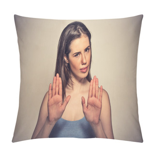 Personality  Annoyed Angry Woman With Bad Attitude Gesturing With Palms Outward To Stop Pillow Covers