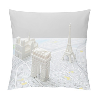 Personality  Selective Focus Of Small Figurines On Map Of Paris Isolated On Grey   Pillow Covers