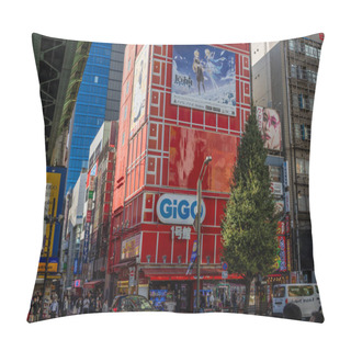Personality  Tokyo, Japan, 30 October 2023 : Street View Of Akihabara's Vibrant Building Facades And Billboards Pillow Covers