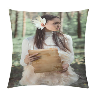 Personality  Elegant Woman In White Swan Costume With Scroll Standing On Forest Background, Looking Away Pillow Covers