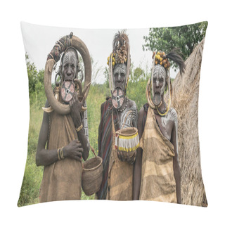 Personality  Three Mursi Tribe Women From Ethiopia. The Women Of The Mursi Tribe Have A Lip Plate And Iron Decorations Pillow Covers