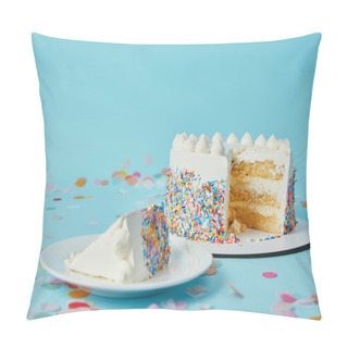 Personality  Slice Of Cake With Cut Cake On Blue Background With Confetti Pillow Covers