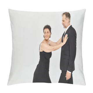 Personality  Side View Shot Of Mature Attractive Smiling Couple In A Tango Dance Pose Isolated On Grey Background Pillow Covers