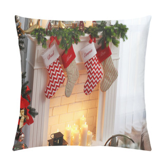 Personality  Cute Christmas Stockings Hanging On Fireplace Pillow Covers